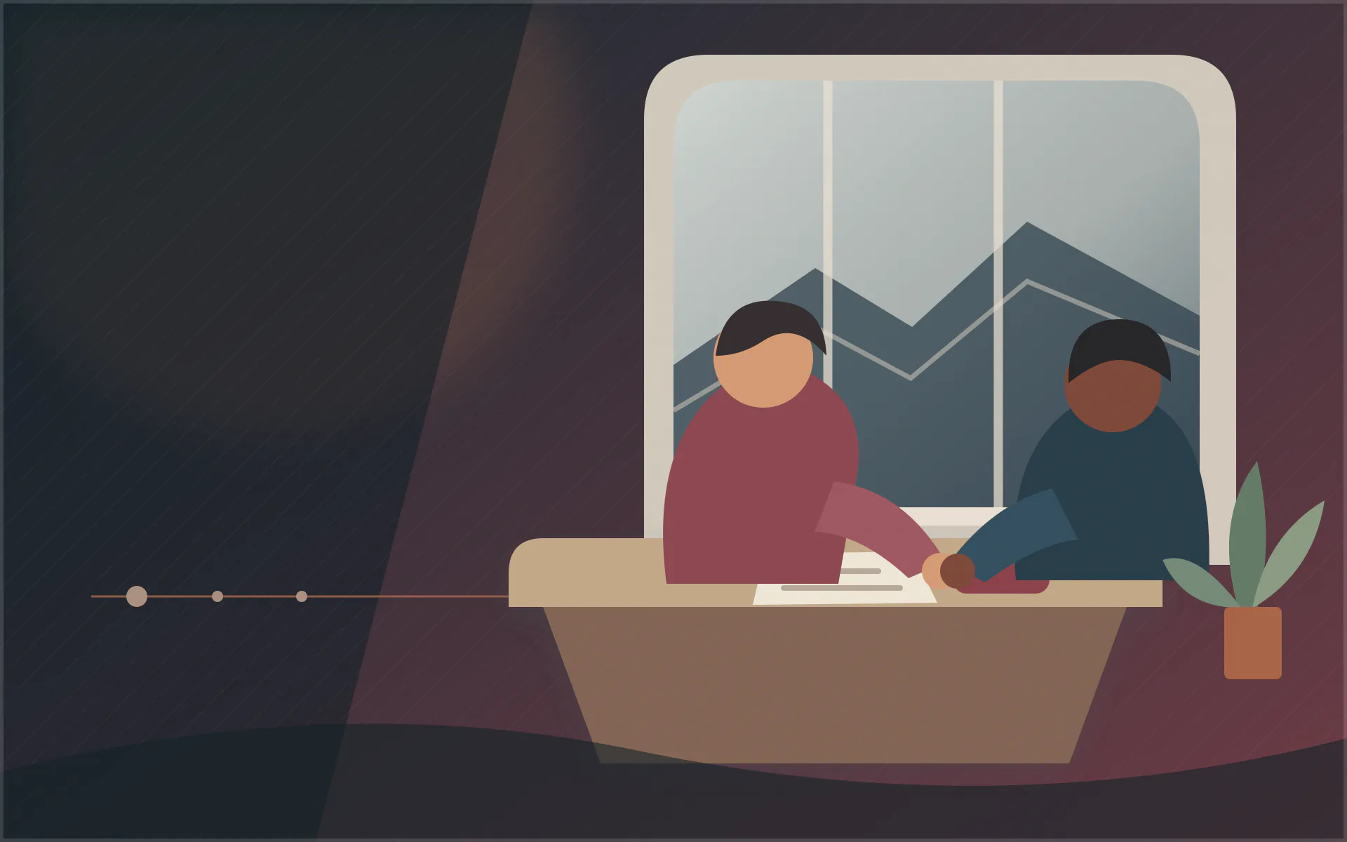 Illustration éditoriale de deux personnes échangeant autour d’un dossier dans un espace de travail
